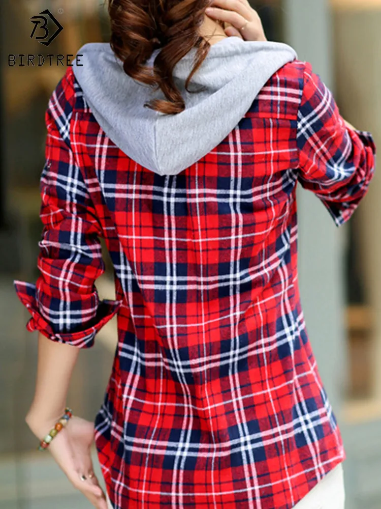 Plaid Hooded Shirts Woman Pocket Cotton Long Sleeve Casual All Match Blouse Tops For Spring Autumn T27503X